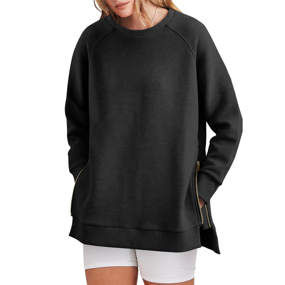 Women Sweatshirt, Long Sleeve Crew Neck Solid Zipped Hoodie Pullover