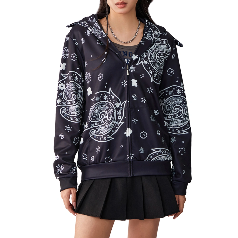 Women's Loose Hoodie Coat, Full Zip Graphic Print Long Sleeve Jacket