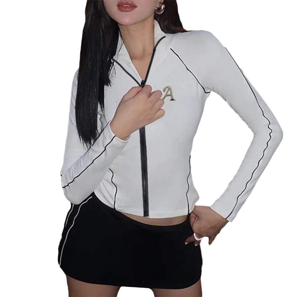 Women Crop Workout Jacket Letter Print Long Sleeve Zipper Cardigan