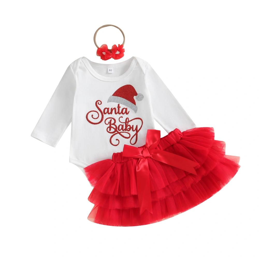 Girl Christmas Clothes Santa Hat Print Romper and Tulle Skirt Headband