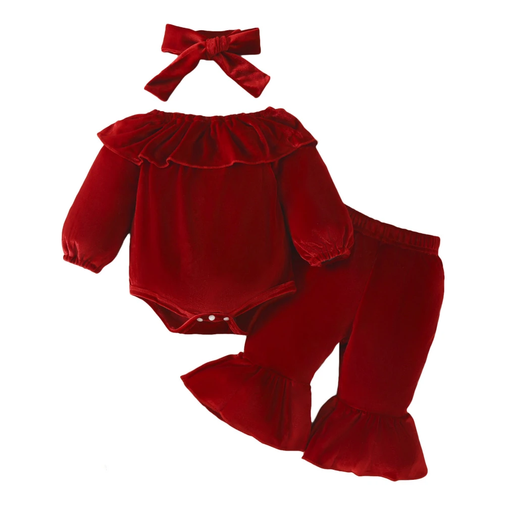 Baby Girls Christmas Outfits Solid Color Velvet Rompers Pants Headband