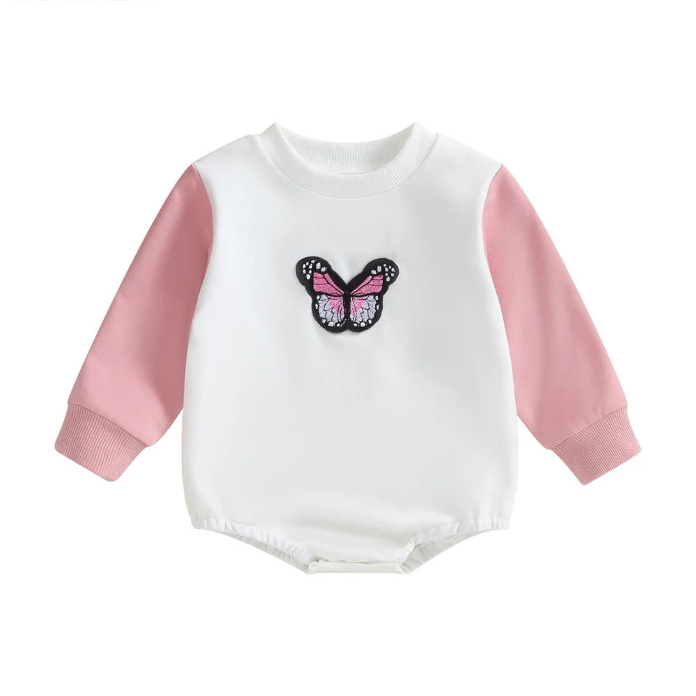 Baby Girl Bubble Romper Long Sleeve Butterfly Embroidery Bodysuit