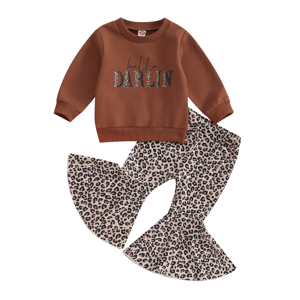 Girls Pants Set, Letters Sweatshirt with Leopard Print Flare Pants