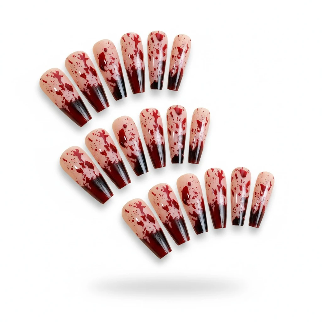 Halloween Press on Nails 24Pcs Bloody Design Long Fake Square Nails