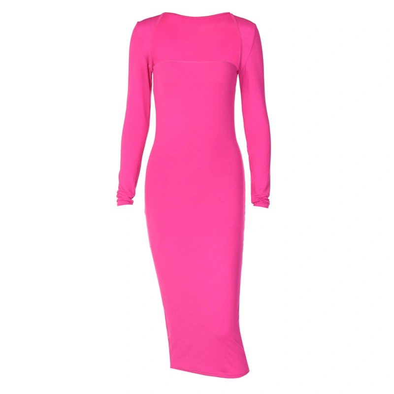 Women Long Sleeve Dress Solid Color Bodycon Party Dress for Beach