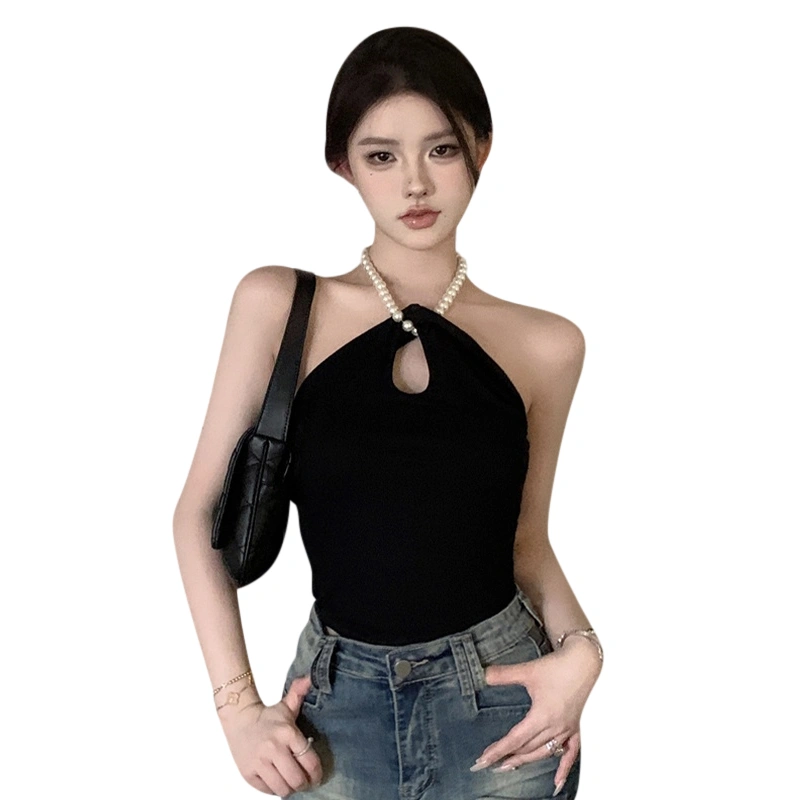 Women Grunge Crop Tops Vintage Pearl Chain Halter Neck Sleeveless Tops