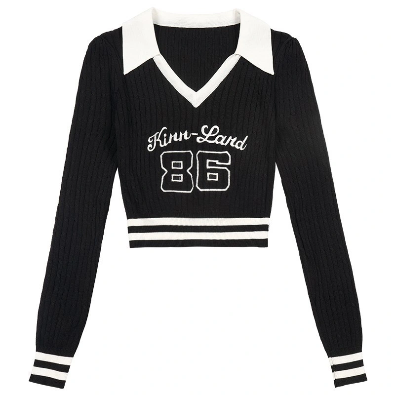 Women Basic Crop Knitted Tops Letter Embroidery Long Sleeve Shirt 