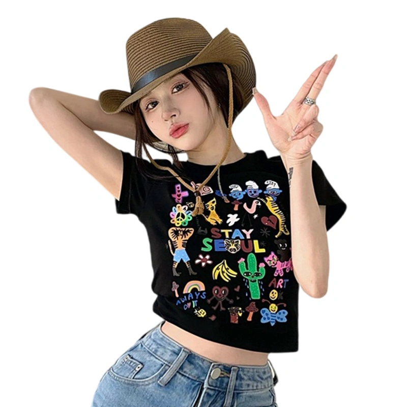 Women's Crew Neck Cropped Tops Cartoon Print Short Sleeve Tees