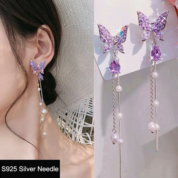 New 925 Silver Purple Butterfly Earrings Long Pearl Tassel Earrings