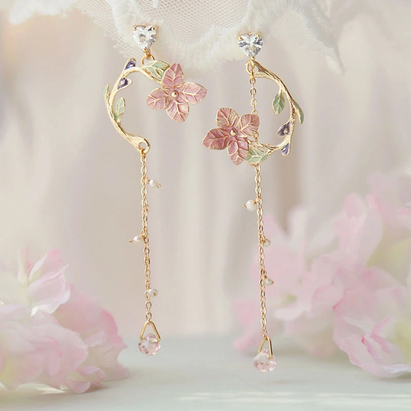 Elegant Cherry Blossoms Flower Long Asymmetric Alloy Drop Earrings Summer Holiday Jewelry Gift for Girlfriend