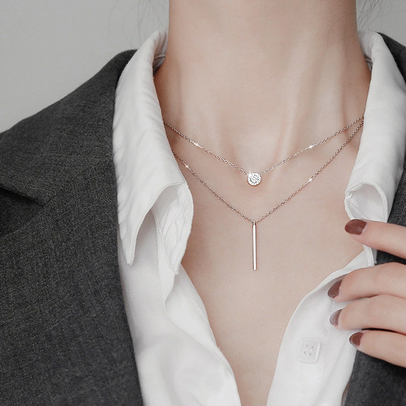 Square Flashing Diamond Round Geometric Double Necklace Female Clavicle Necklace Niche Cold and Simple Temperament Necklace Female