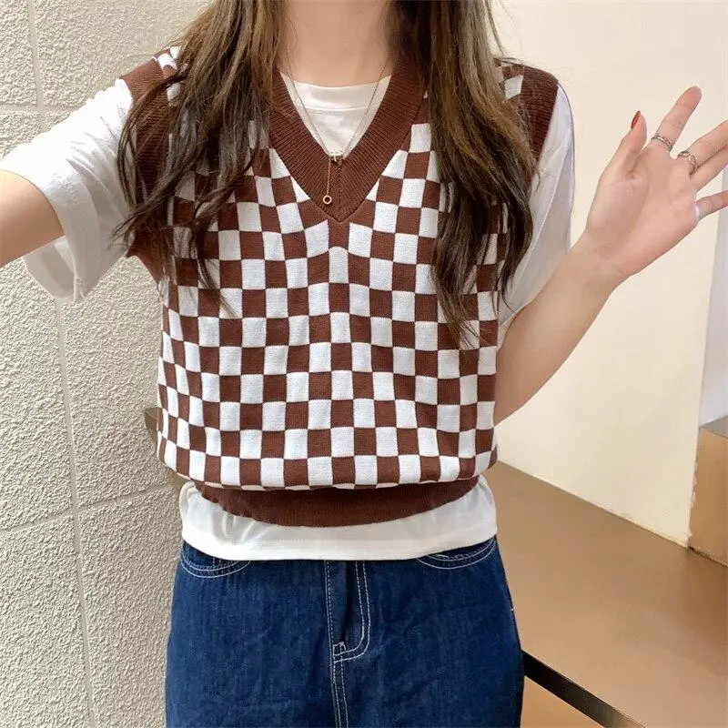 Autumn Women Plaid V-Neck Sleeveless Vest Sweaters Slim Casual Knitted Top Girls Sweet Knitwear