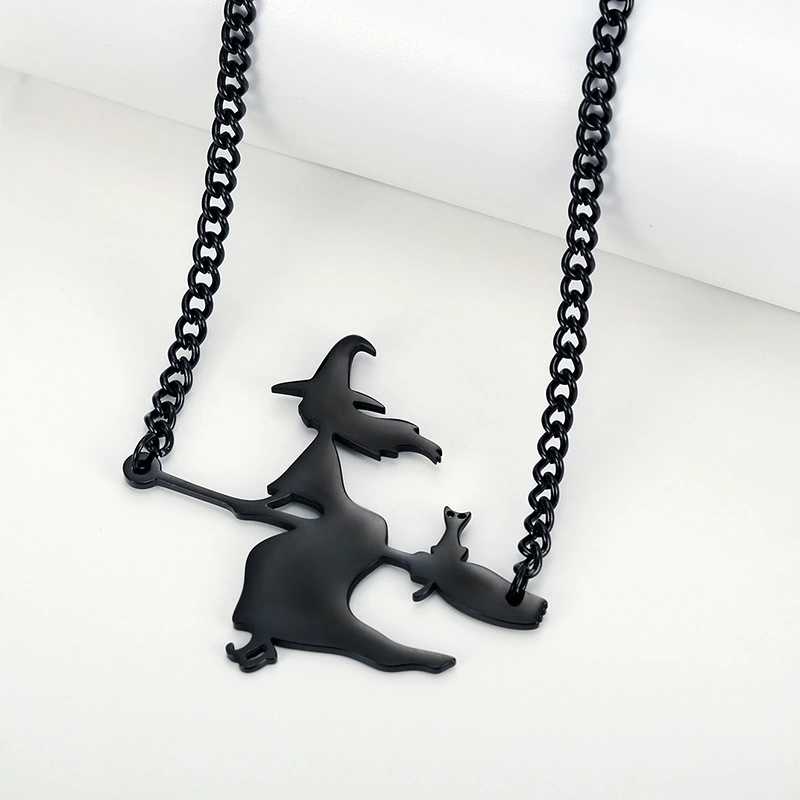 Halloween Witch Broom Black Cat Dark Goth Style Necklace