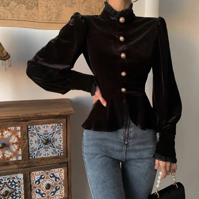 French Royal Style Velvet Lace Shirt For Women