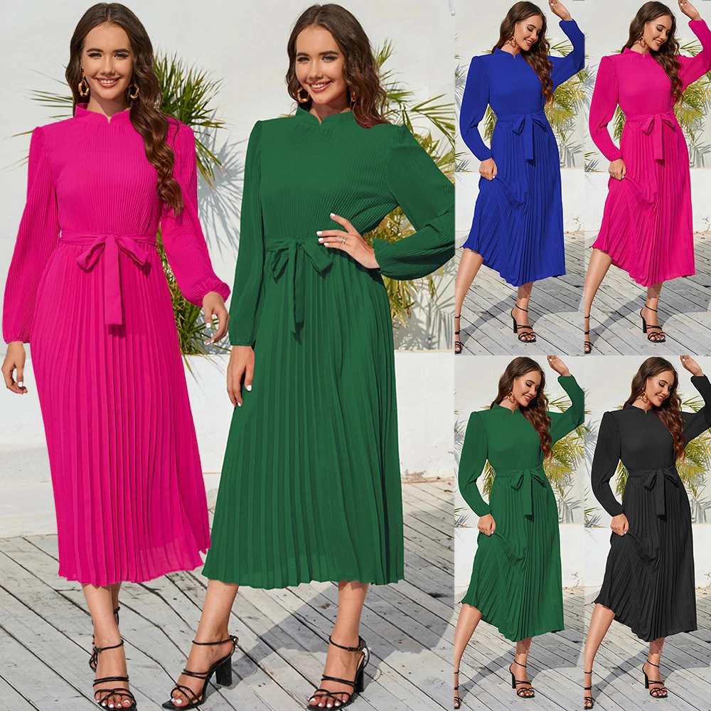 Women's Fashion Graceful Stand Collar Puff Sleeve Dress