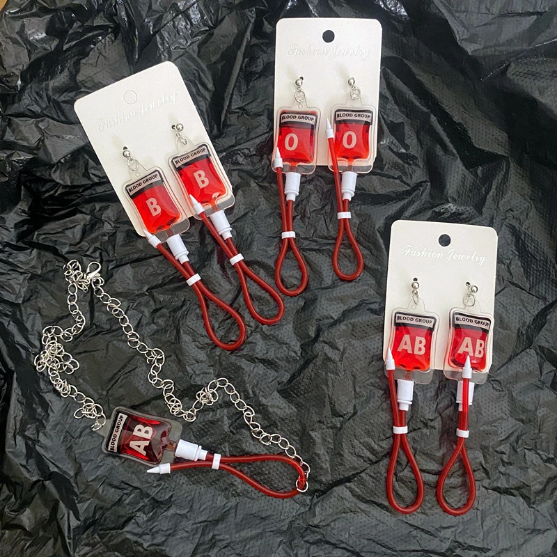 Creative Funny Harajuku Style Simulation Plasma Blood Bag Blood Type Earrings Subculture Y2g Hot Girl Necklace