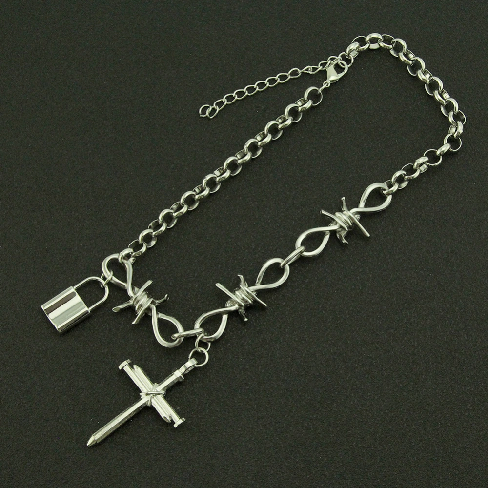 Silver 3D Cross Lock Pendant Necklace Female Thorn Metal