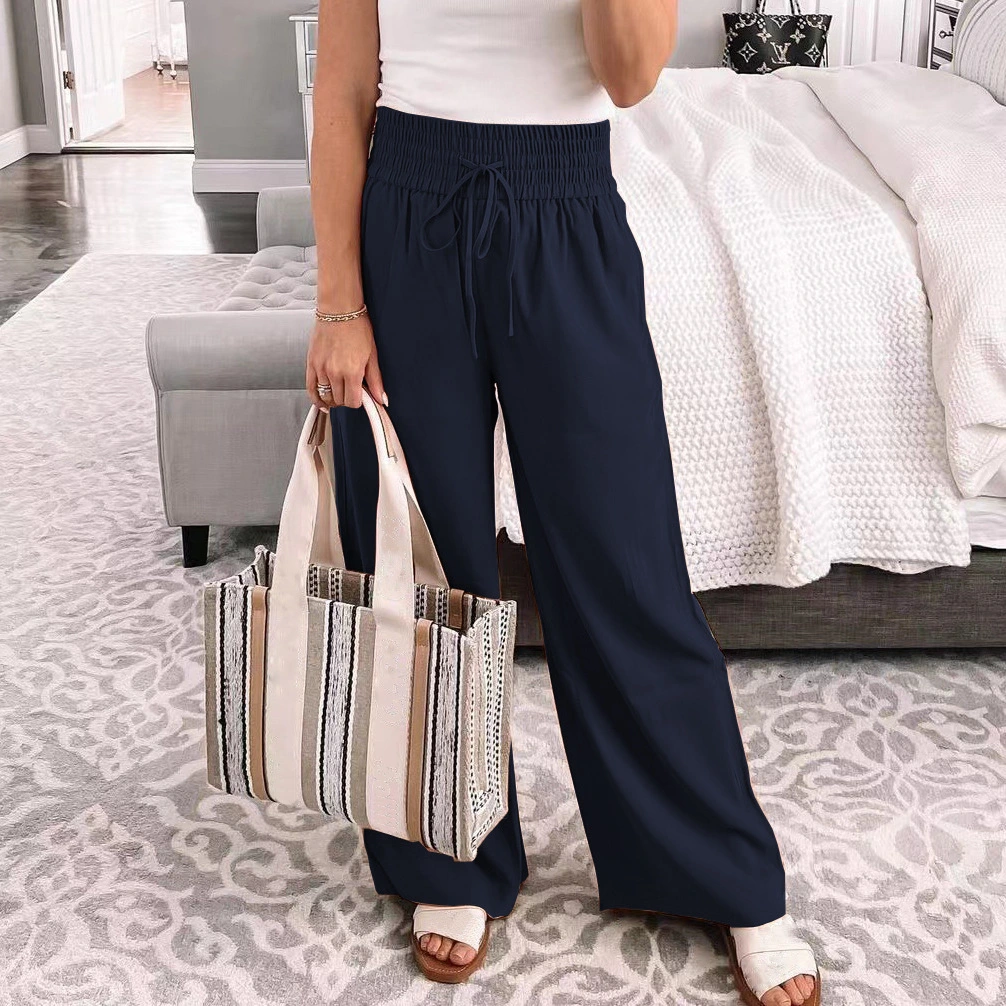 Loose Trousers Mid-waist Pure Color Tied Wide-leg Pants For Women