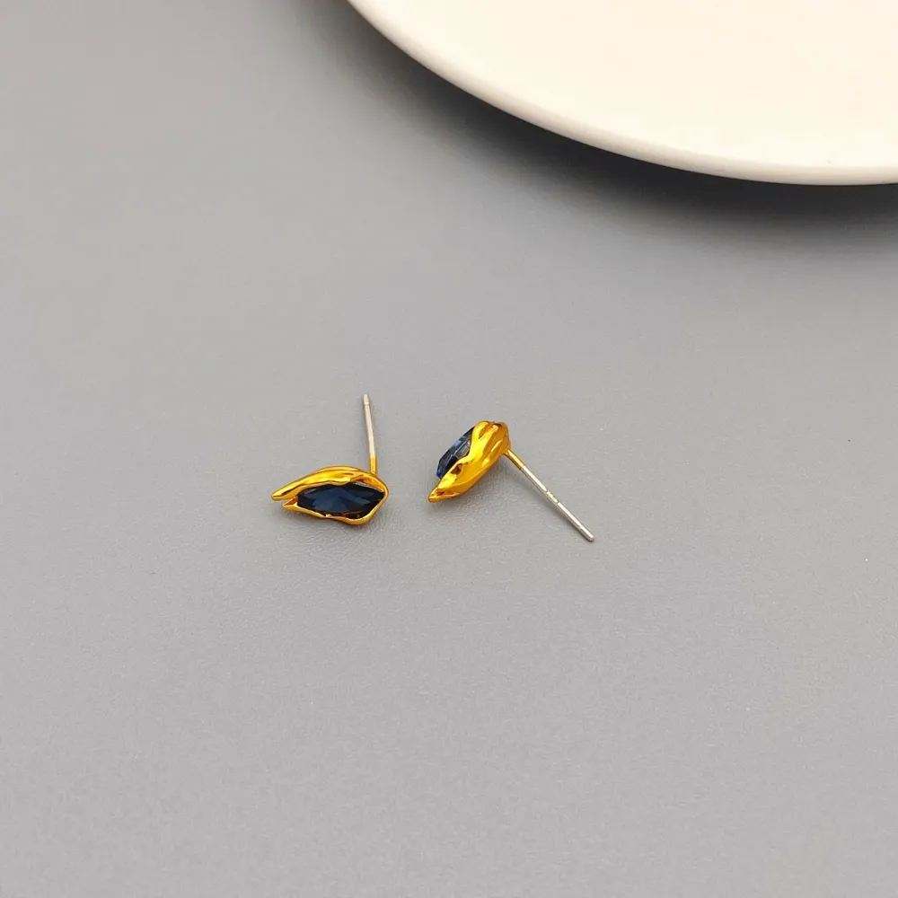 Sterling Silver Needle Minimalist Drop-shaped Flower Sprout Glass Texture Brass Plated 18K Real Gold Stud Earrings