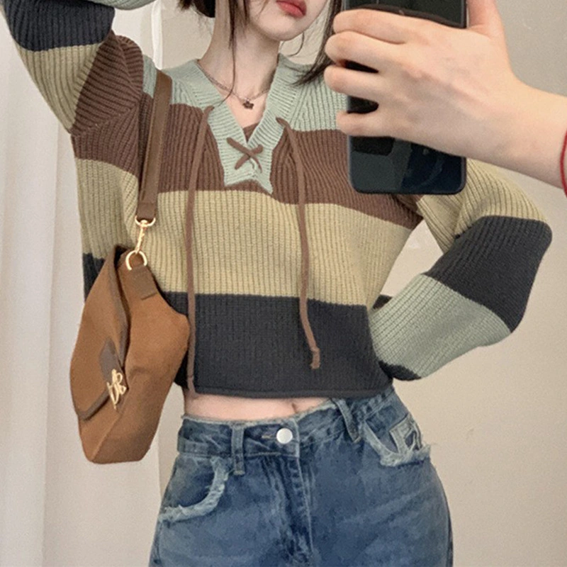 Retro Contrast Color Striped Lace-up V-neck Knitted Bottoming Shirt For Women