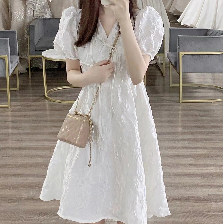Tea Break French Style White V-neck Puff Sleeve Dress Women