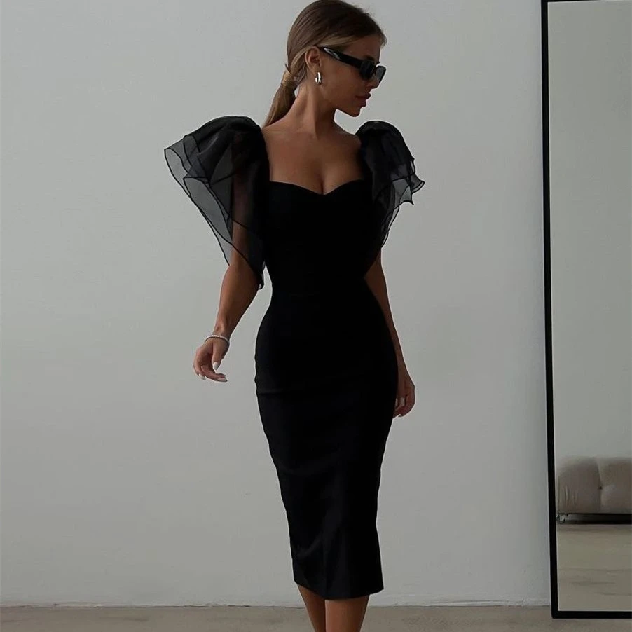 Women's Temperament Mesh Ruffle Sleeve Square Collar Hip-wrapped Mid-length Dress