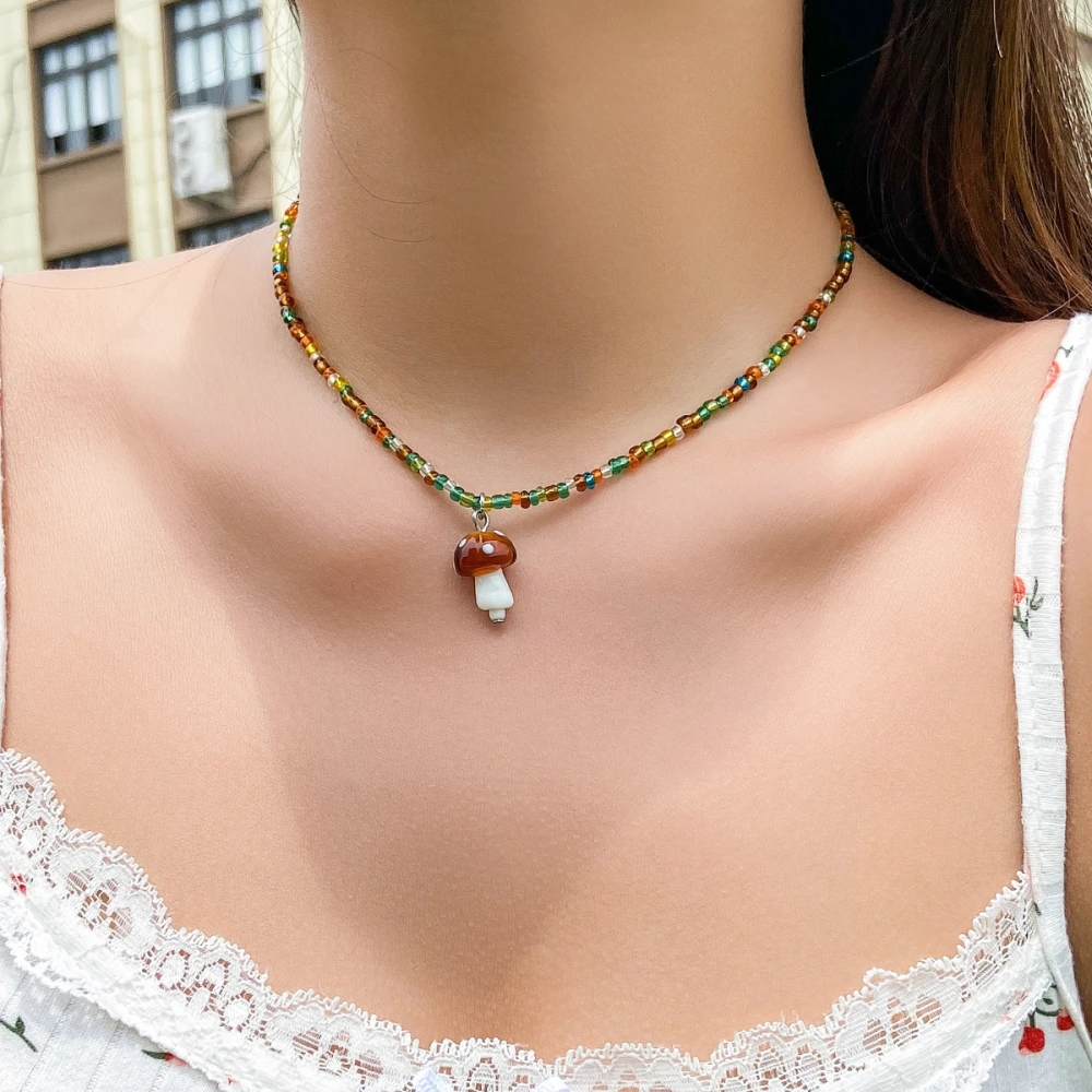 Cute Contrast Color Bead Vacation Style Necklace Summer Colorful Beaded Mushroom Necklace For Women