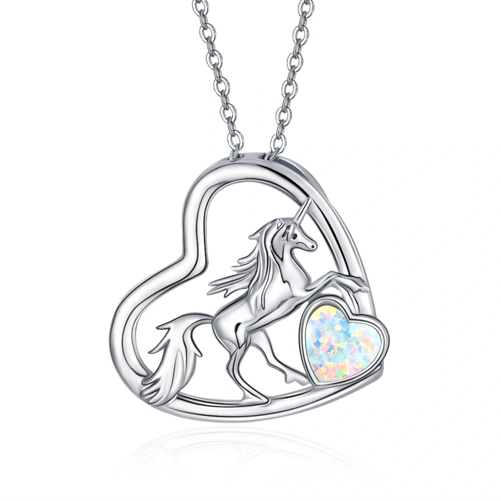 S925 Sterling Silver Unicorn Pendant Opal Heart Necklace Animal Jewelry 