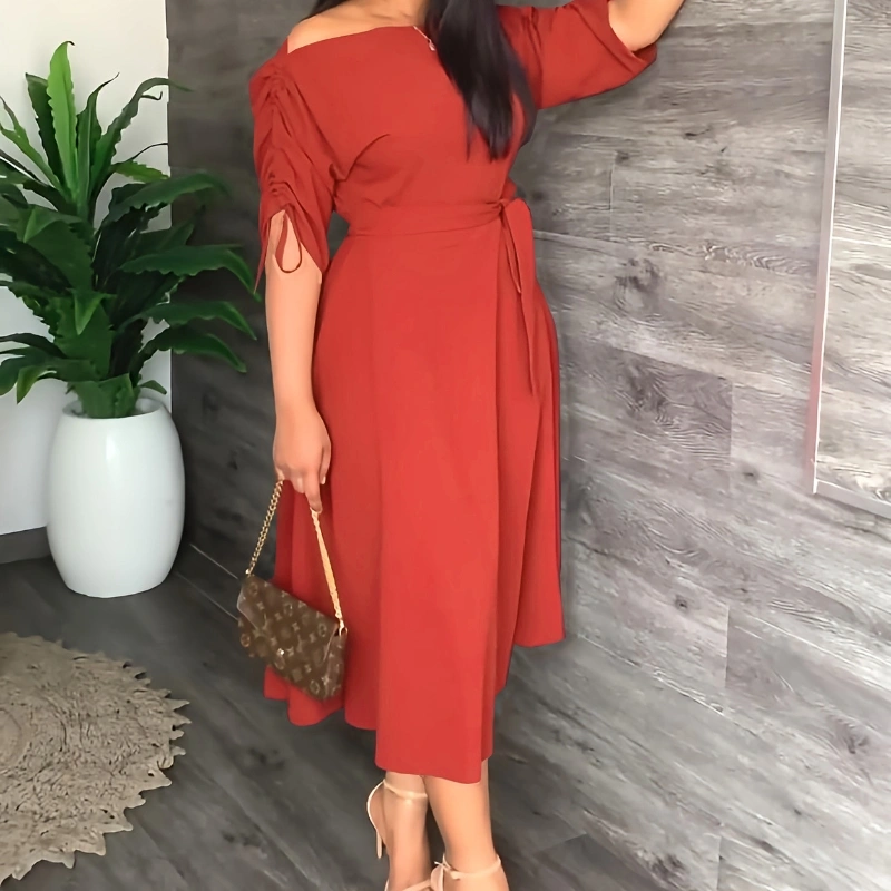Off-neck Waist Trimming Loose Large Swing Split Commute Leisure Dress