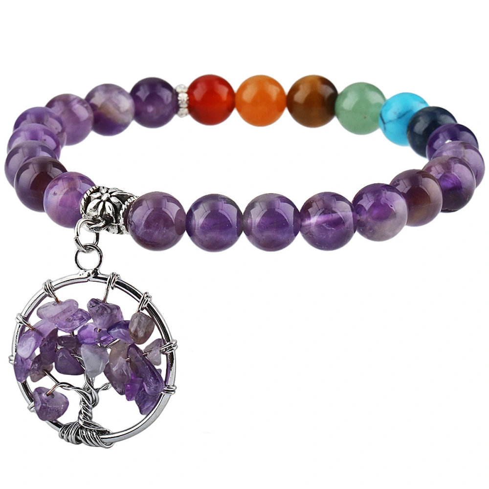 Natural Crystal Stone Seven-color Wheel Round Beads Bracelet Lucky Tree