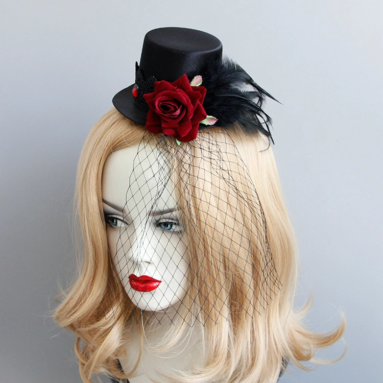 Gothic Punk Vintage Red Rose Feather Mesh Head Accessories