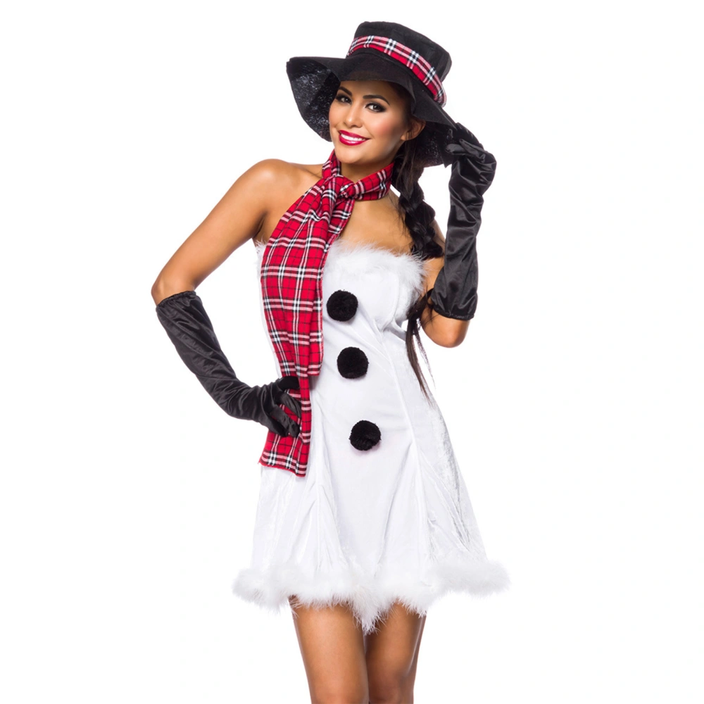 Women Christmas Costumes Snowman Dress and Plaid Scarf Hat Gloves Set