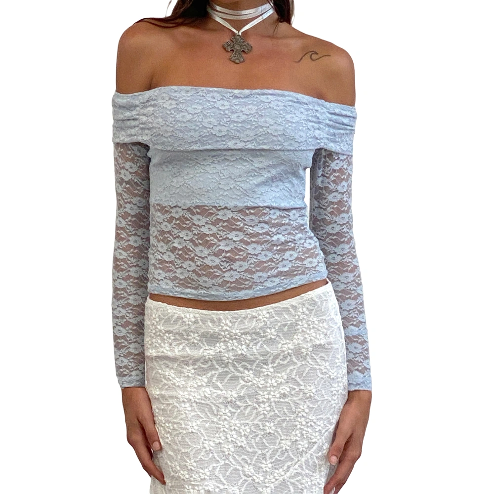 Women Off Shoulder Crop Tops Fairy Grunge Lace Jacquard T-Shirt