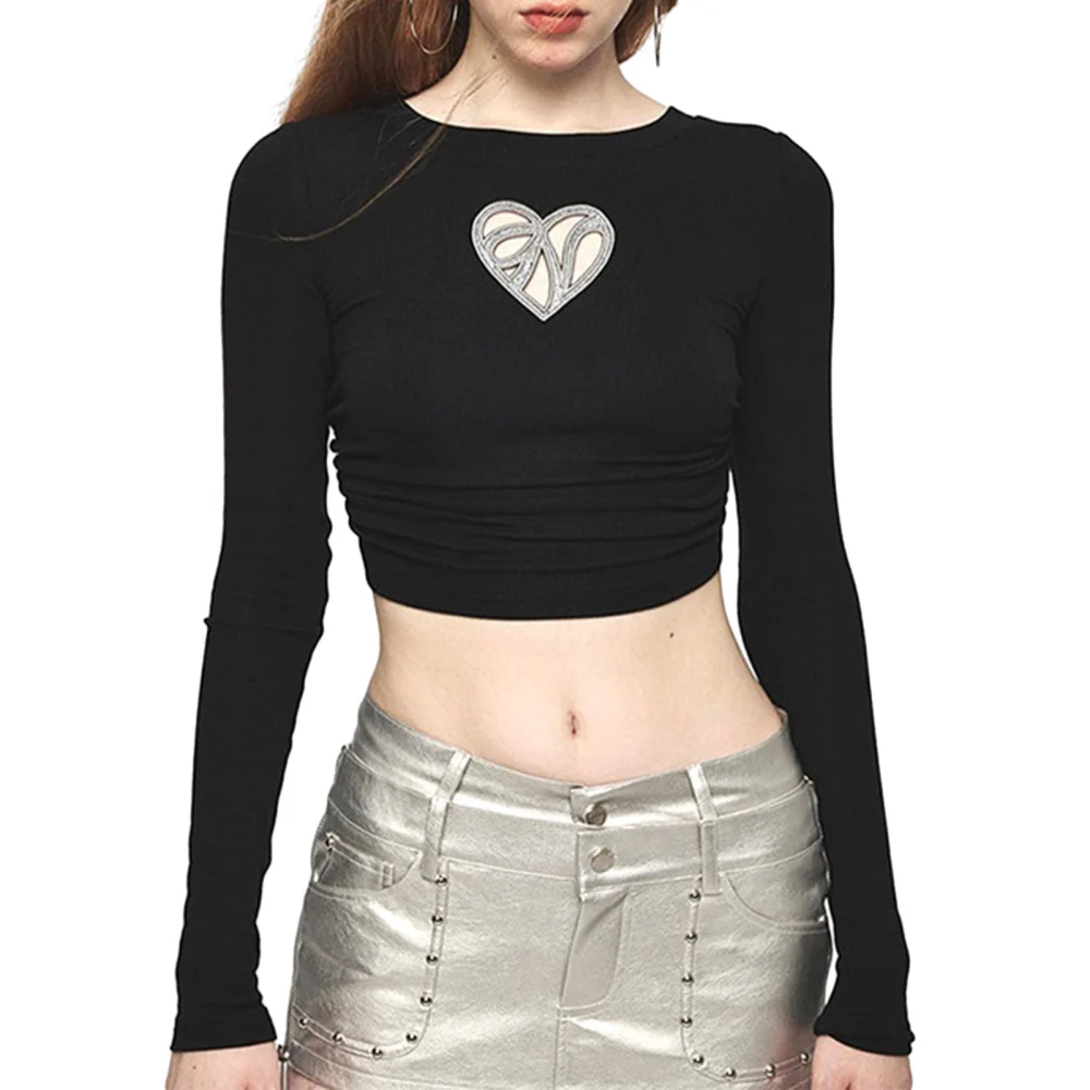 Women's Long Sleeve Crewneck Heart Hollow Tie Up Cropped Tops