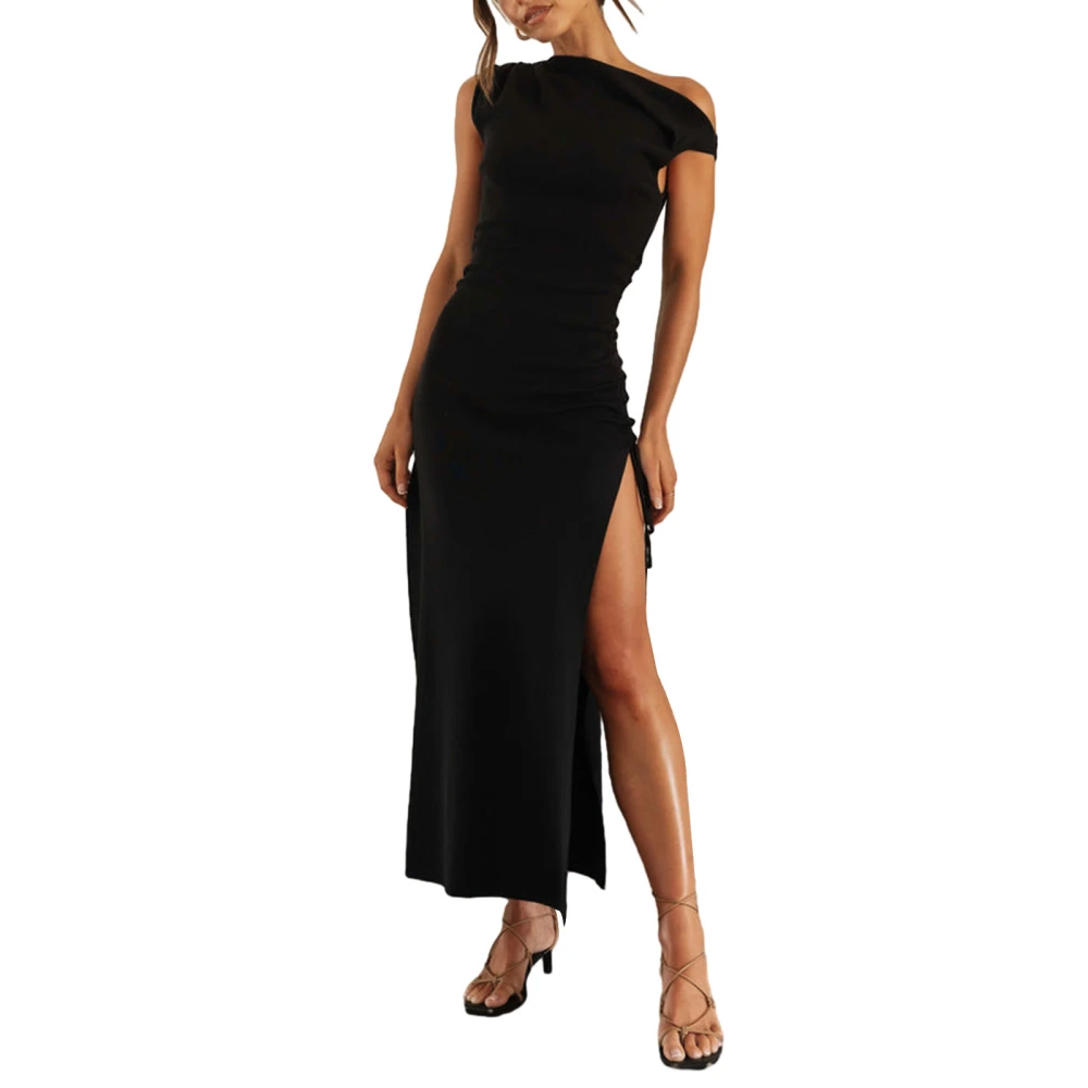 Women Long Dress, Sleeveless Oblique Neck Tie-up Slit Cocktail Dress