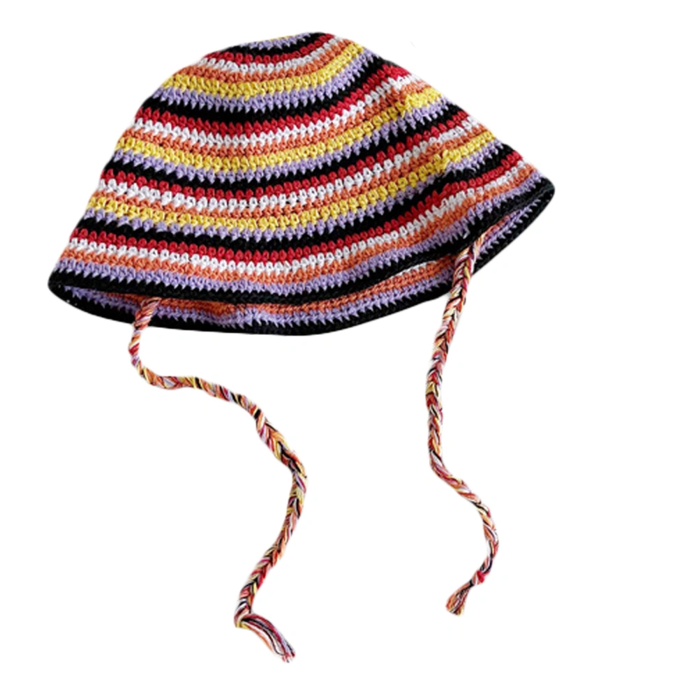 Women Retro Knit Hat Kawaii Winter Crochet Striped Tie Up Cap