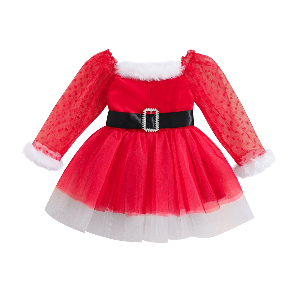 Girls Christmas Dress, See-through Long Sleeve Patchwork Tulle Dress