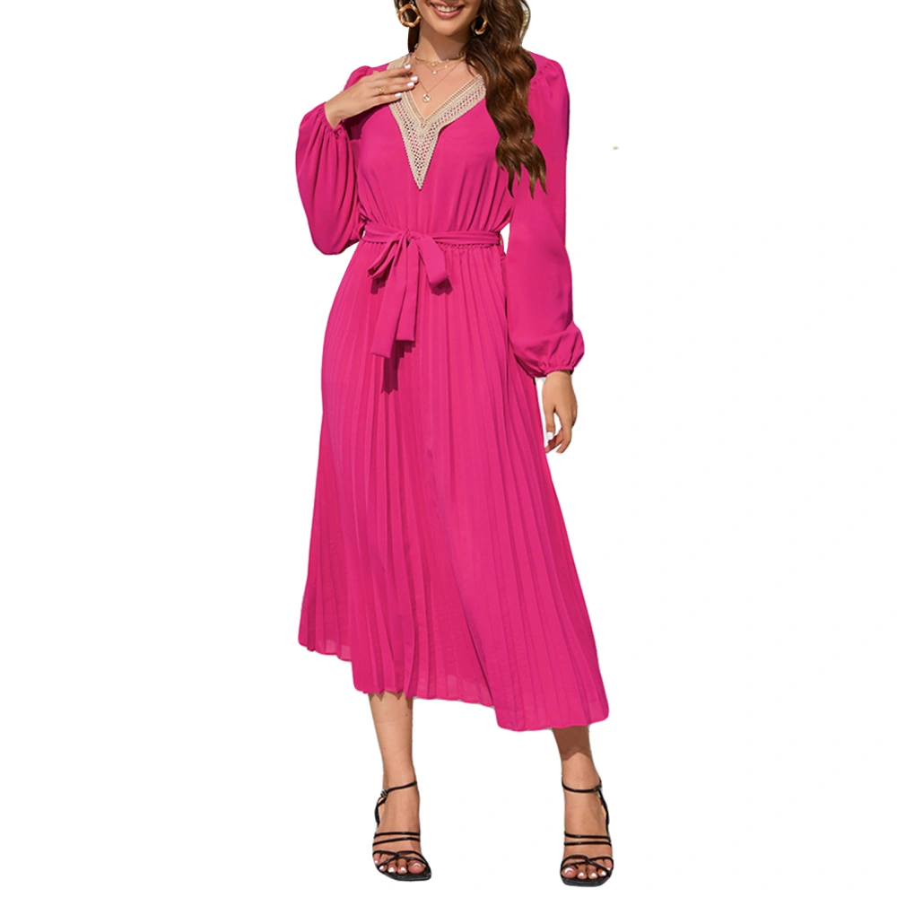 Women's Evening Midi Dress Long Sleeve V-Neck Belted Dress Gowns