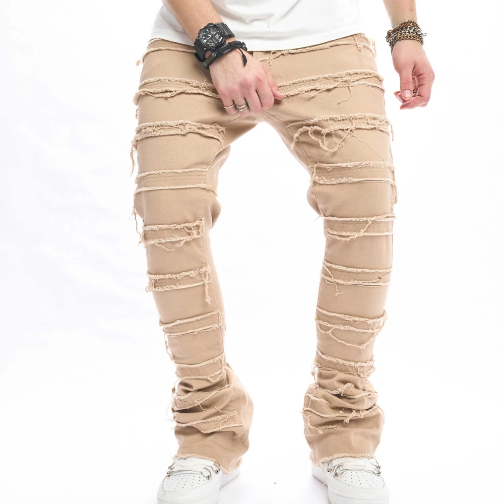 Men Skinny Pants Vintage Patch Frayed Solid Color Denim Pants