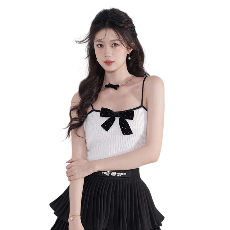 Women's Knit Crop Cami Tops Spaghetti Strap Bow Front Camisole