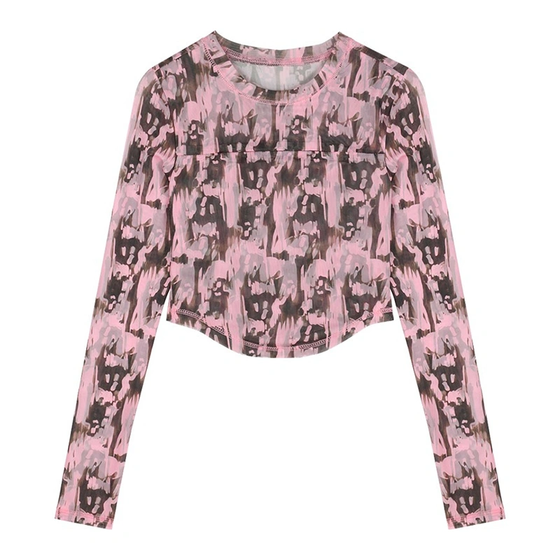 Women Basic Fitted Crop Tops Tie-Dye Print Long Sleeve Shirt Pullovers