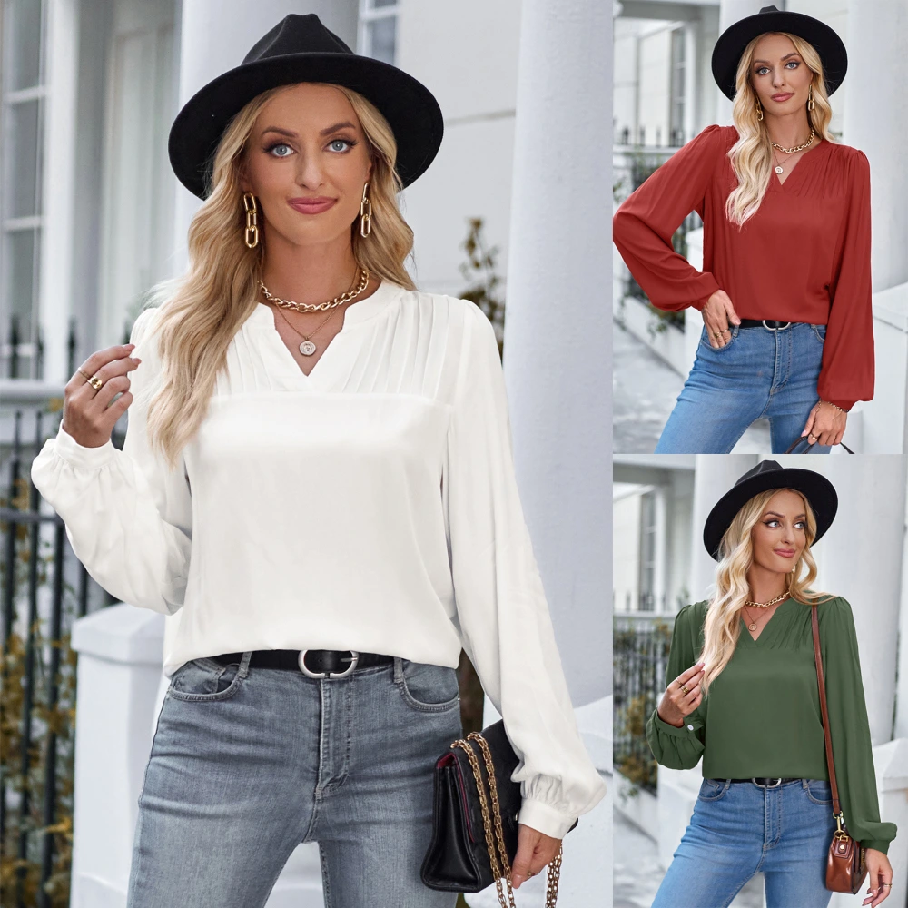 European And American Leisure V-neck Slim-fit Solid Color Trendy Long-sleeve Shirt