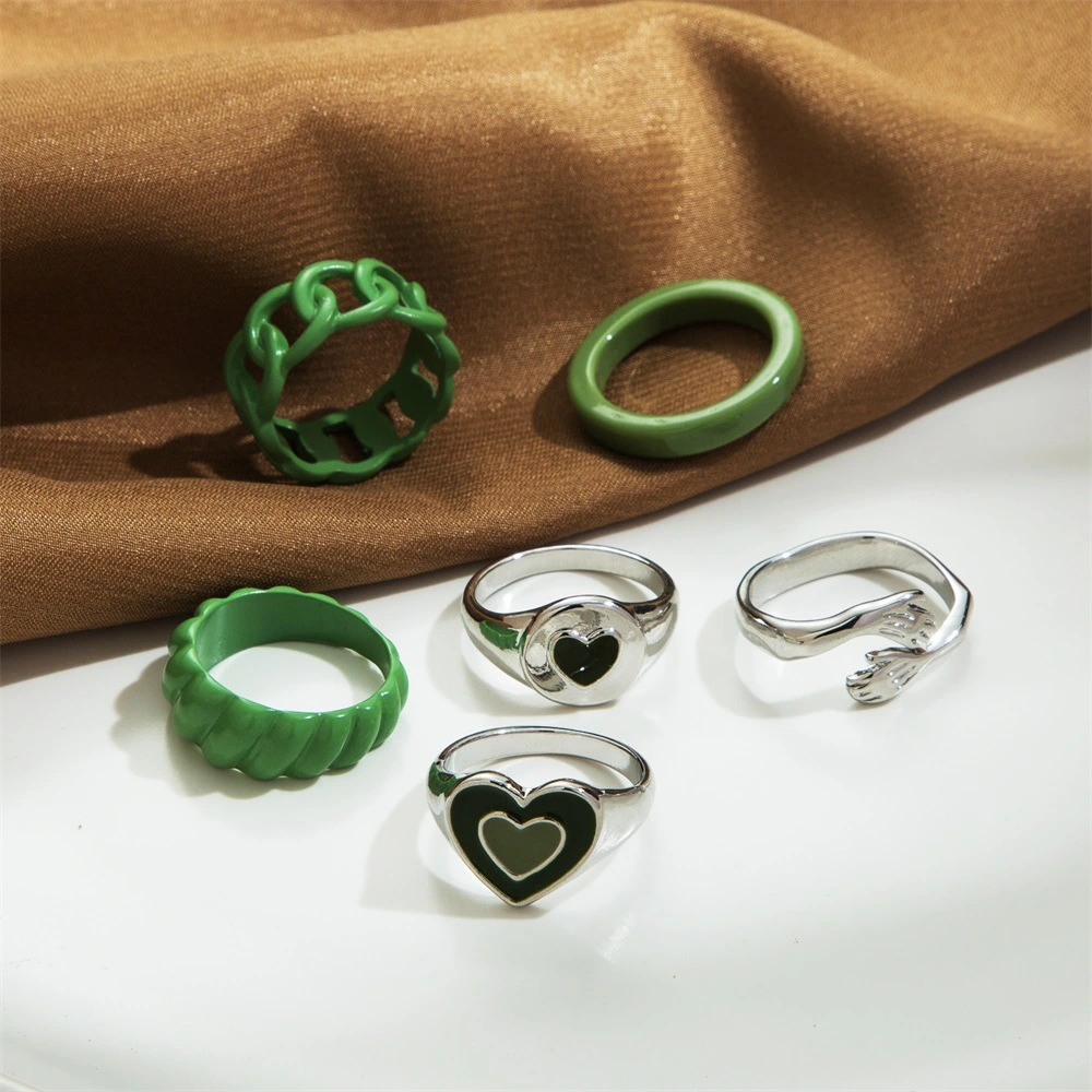 Fashion Creative Alloy Green Dripping Oil Love Hug Ring 6-piece Set