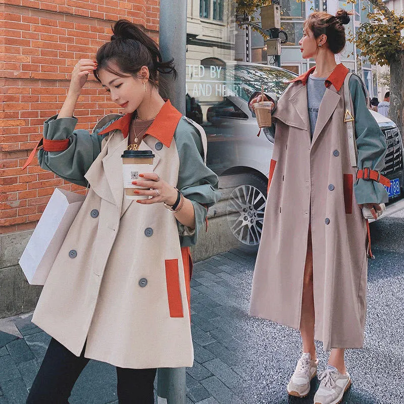 Women Patchwork Long Trench Coat Casual Double Breasted Belt Loose Female Coat Lady Outerwear