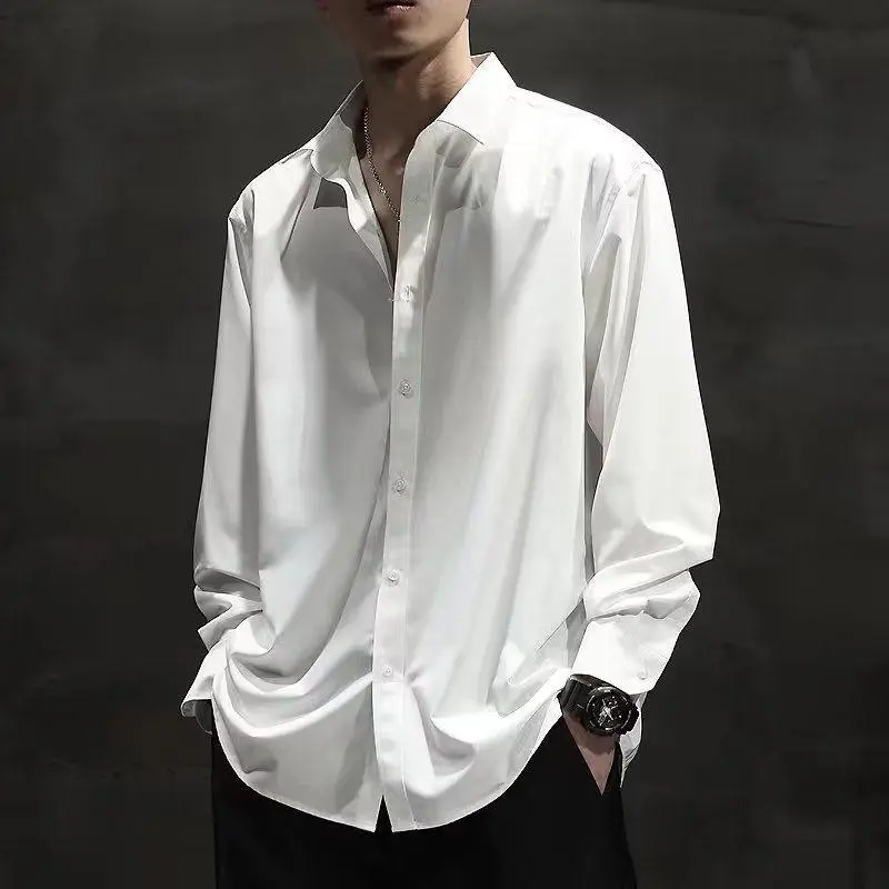 Oversized Loose Man Shirt Comfortable All-match Simple Casual White Plain Essential Long Sleeve Shirt Men's Korean Business Shirt Soft Top