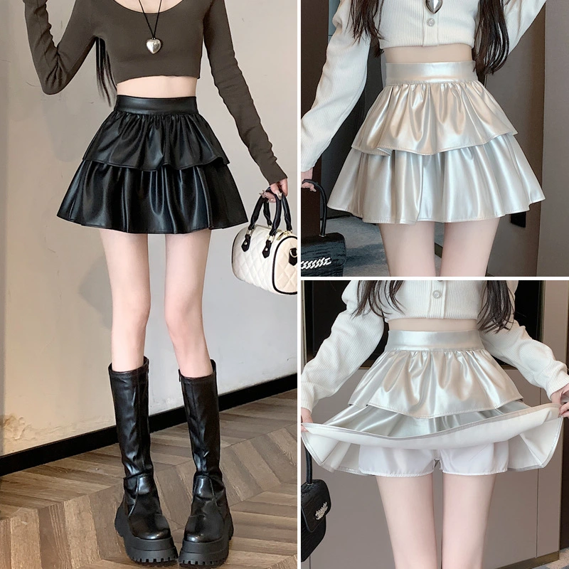 Autumn Winter Women Ball Gown Mini Skirt High Waist Black Silver Layered Ruffles Skirt Elegant Fashion Short PU Tierred Skirt