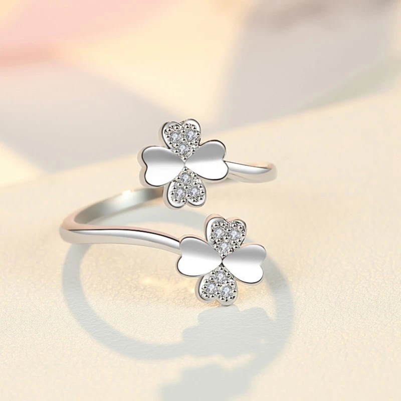 Women's 925 Silver Creative Four-leaf Clover Inlaid AAA Zircon Open Style Ring Fashion Jewelry