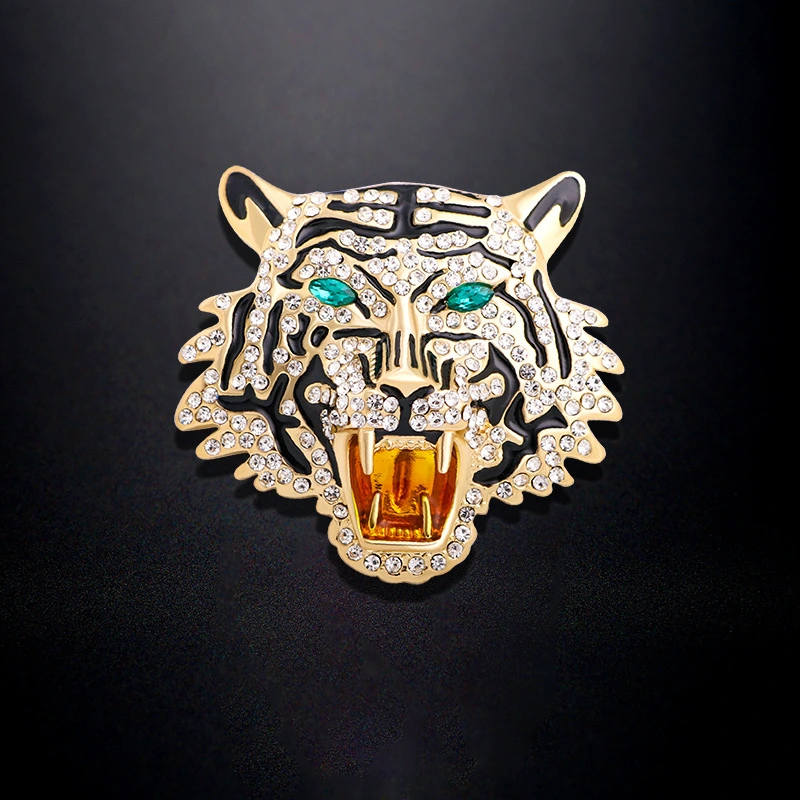 ROARING WHITE TIGER BROOCH PENDANT Crystal Enamel Goldtone Panther Cat Pin