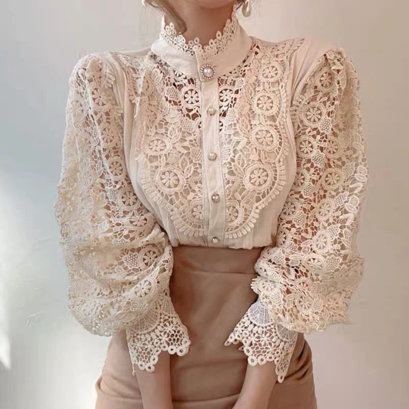 Elegant Embroidery Petal Sleeve Hollow Out Women Lace Blouse Flower Lace Patchwork Stand Collar Shirt Femme Autumn Blusas Tunic