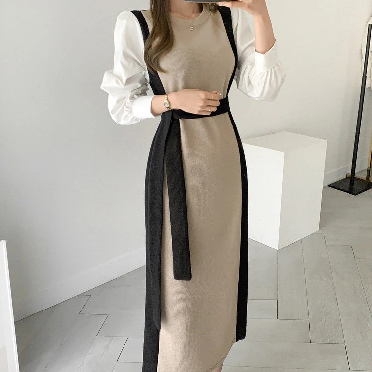 Spring Autumn Women Long Dress O-Neck Full Sleeve Lace-Up Patchwork Female Sweater Dress Slim Knitted Vestidos